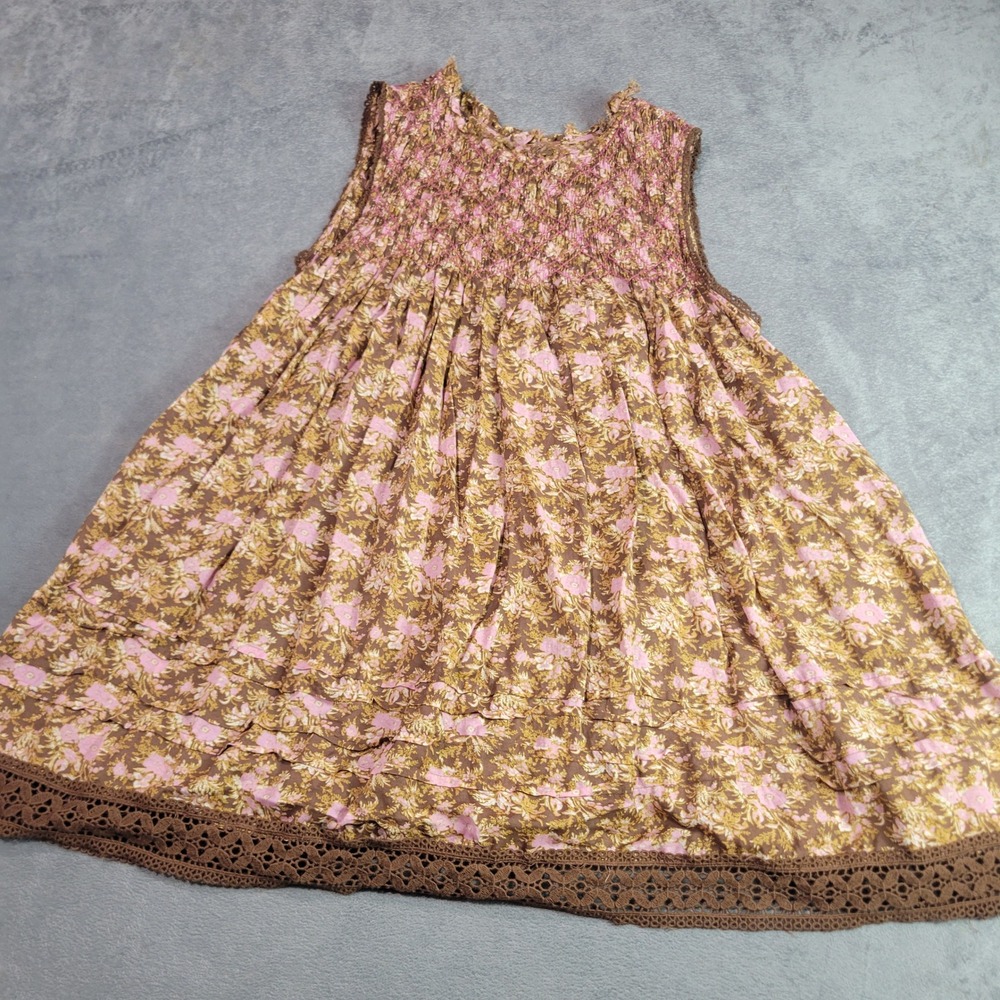 Free People Tunic Women Large Brown Pink Floral Smock‎ Lace Trim Boho Mini Dress